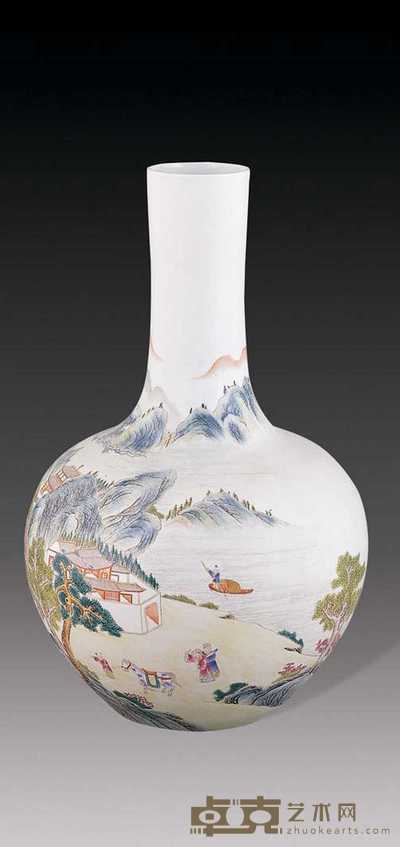 民国 粉彩山水天球瓶 高43cm